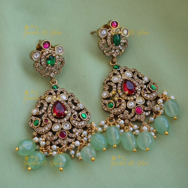 Stunning Peacock floral design Victorian AD long necklace with ruby emerald and mint green beads