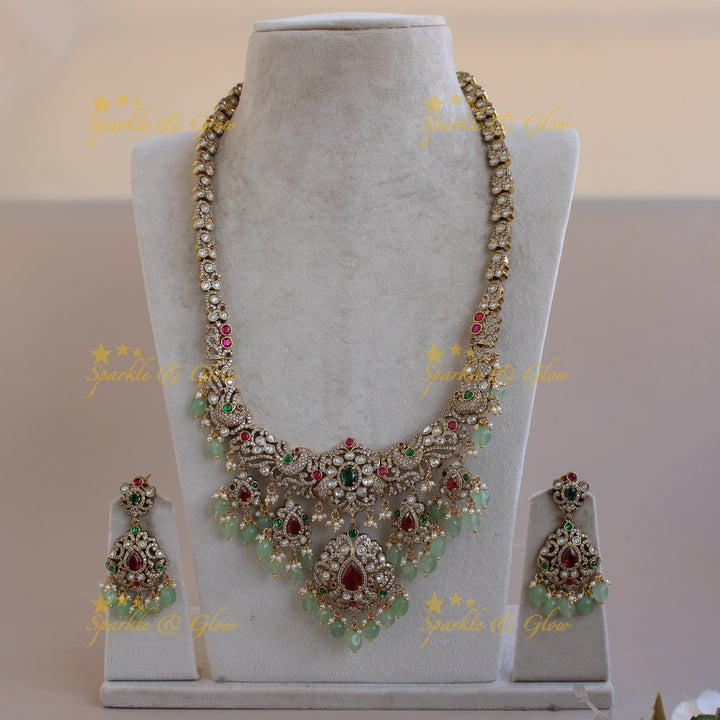 Stunning Peacock floral design Victorian AD long necklace with ruby emerald and mint green beads