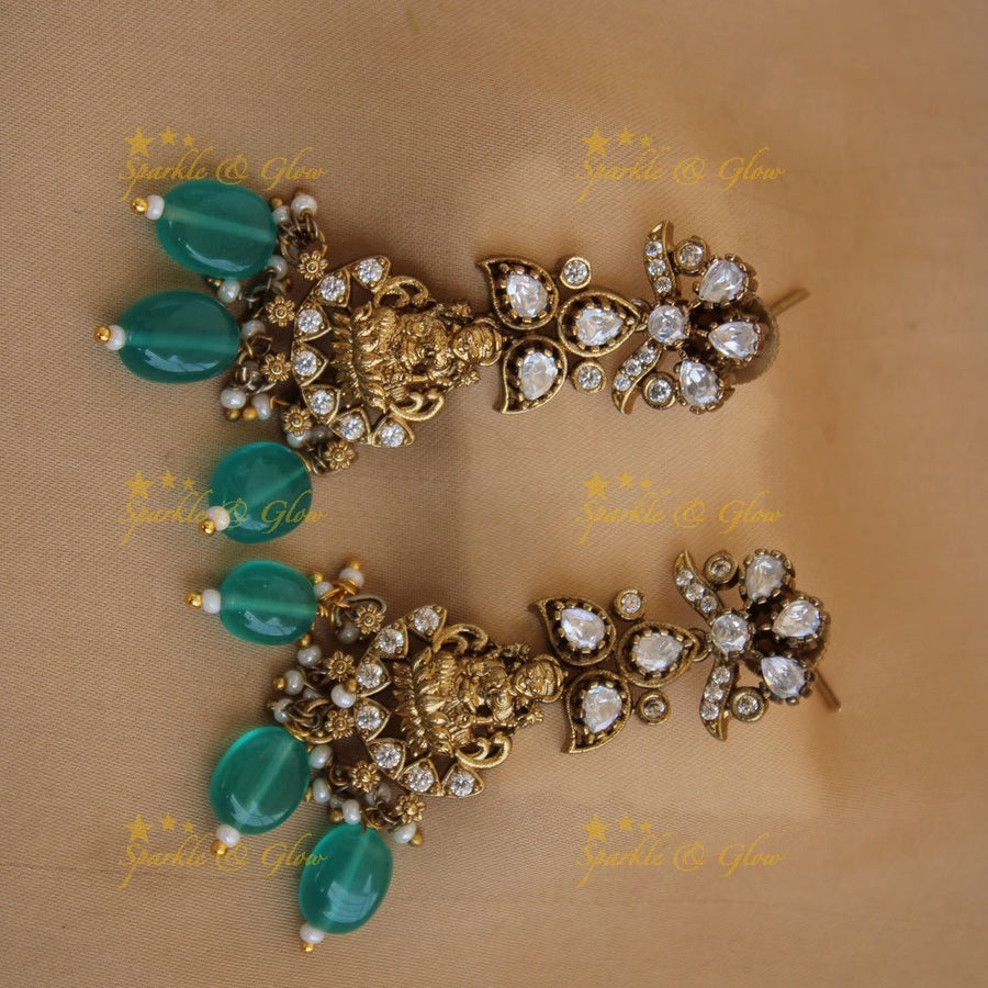 Elegant Lakshmi peacock floral design victorian AD short necklace with teal colour beads - Sparkle and Glow - Back Thread - 