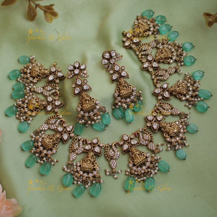 Elegant Lakshmi peacock floral design victorian AD short necklace with baby pink beads