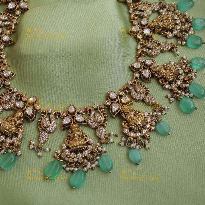 Elegant Lakshmi peacock floral design victorian AD short necklace with mint green beads