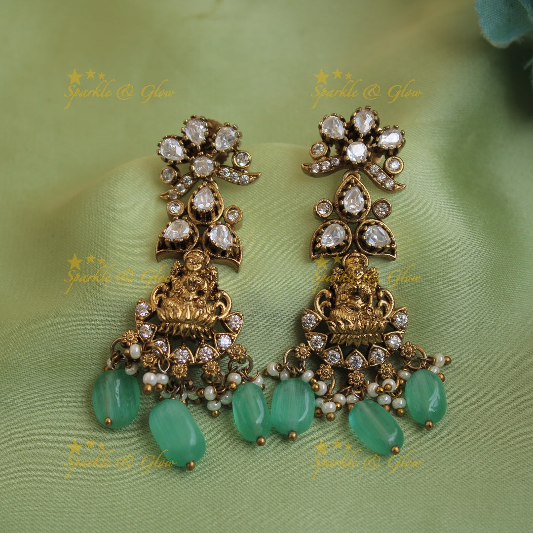 Elegant Lakshmi peacock floral design victorian AD short necklace with mint green beads