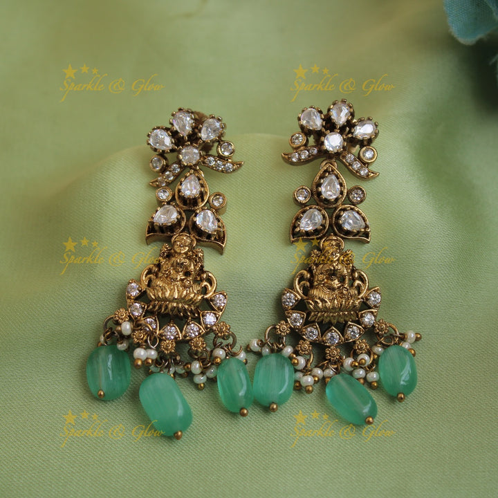 Elegant Lakshmi peacock floral design victorian AD short necklace with mint green beads