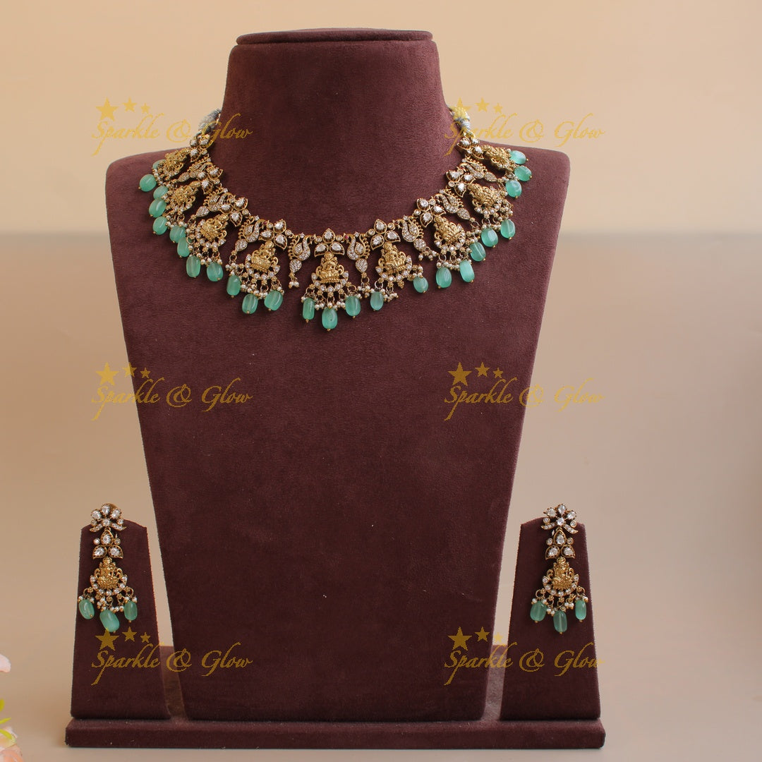 Elegant Lakshmi peacock floral design victorian AD short necklace with mint green beads