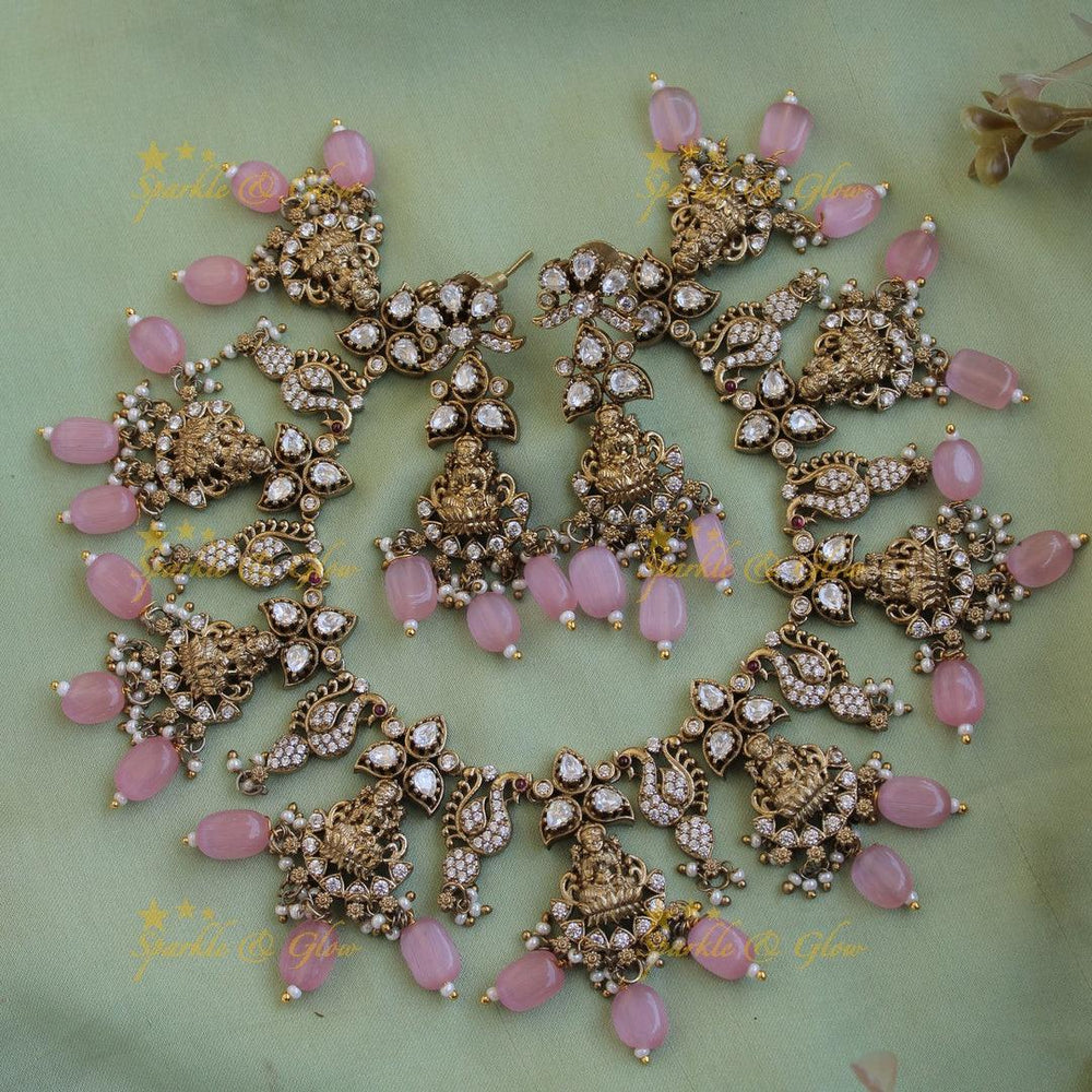 Elegant Lakshmi peacock floral design victorian AD short necklace with mint green beads - Sparkle and Glow