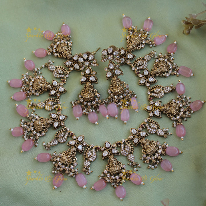Elegant Lakshmi peacock floral design victorian AD short necklace with baby pink beads
