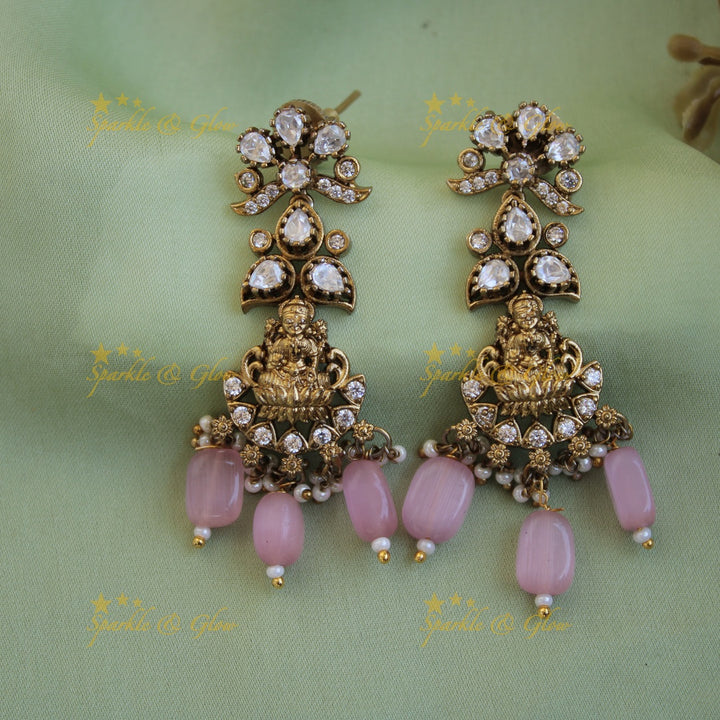 Elegant Lakshmi peacock floral design victorian AD short necklace with baby pink beads