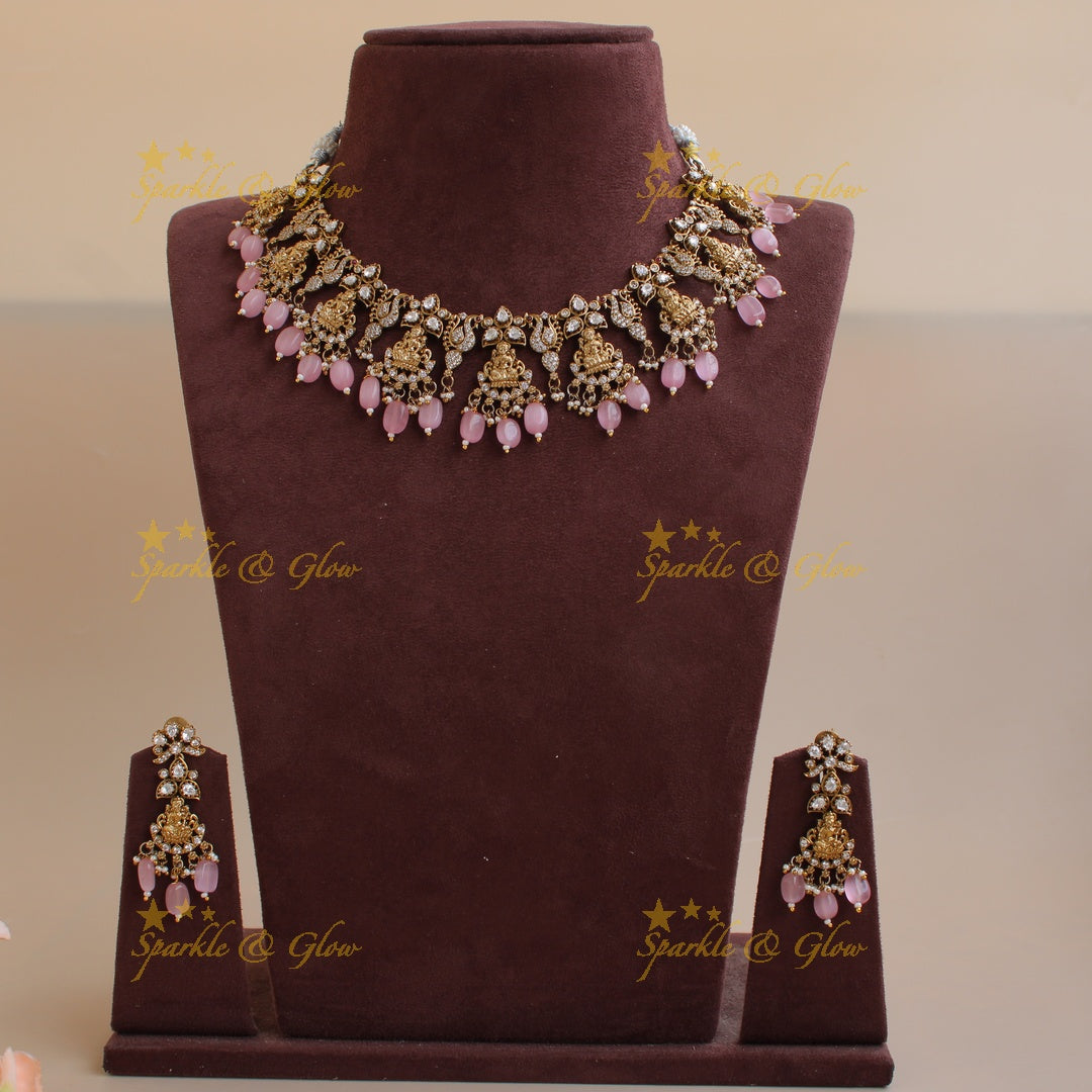 Elegant Lakshmi peacock floral design victorian AD short necklace with baby pink beads