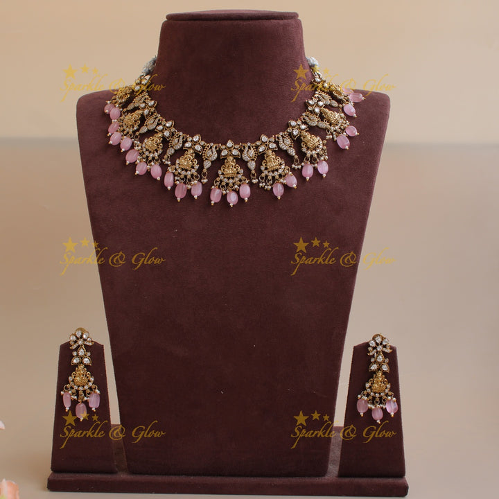 Elegant Lakshmi peacock floral design victorian AD short necklace with baby pink beads