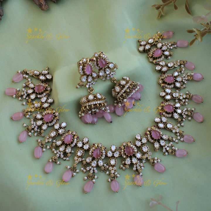 Peacock floral design victorian AD short necklace with purple beads and stones - Sparkle and Glow