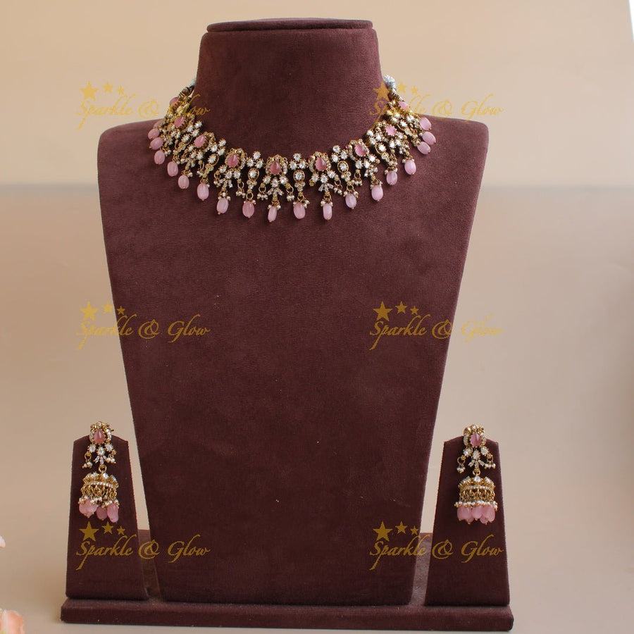 Peacock floral design victorian AD short necklace with baby pink beads and stones - Sparkle and Glow - Back Thread - 