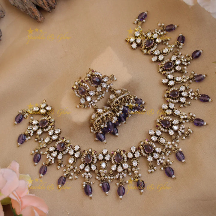 Peacock floral design victorian AD short necklace with purple beads and stones - Sparkle and Glow