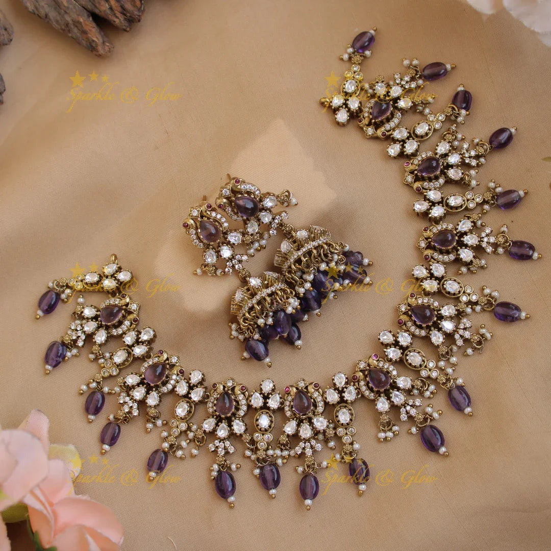 Peacock floral design victorian AD short necklace with purple beads and stones - Sparkle and Glow
