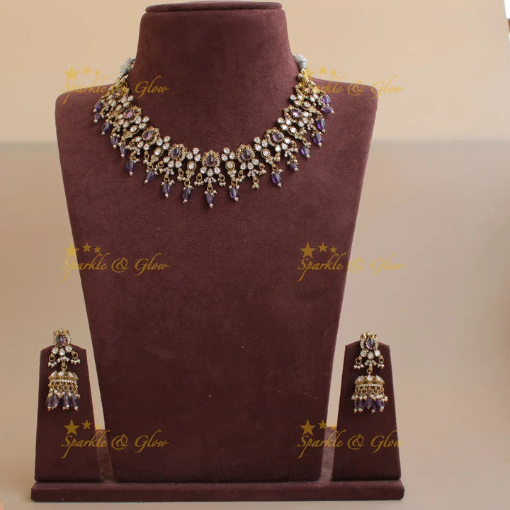 Peacock floral design victorian AD short necklace with purple beads and stones - Sparkle and Glow