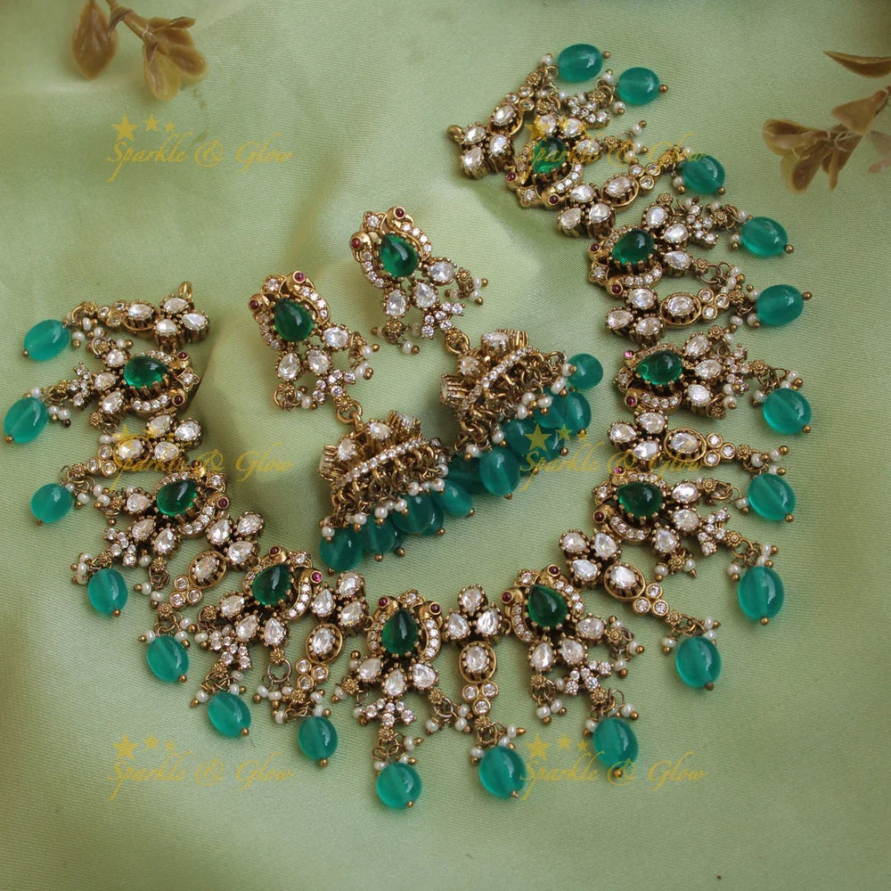 Peacock floral design victorian AD short necklace with purple beads and stones - Sparkle and Glow