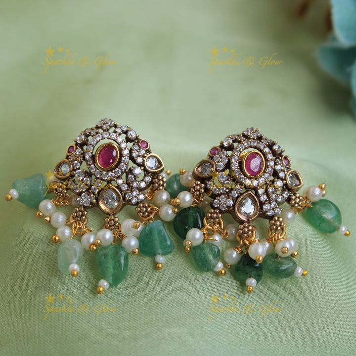 Elegant Peacock pendant victorian AD short necklace with interchangeable stones and green beads
