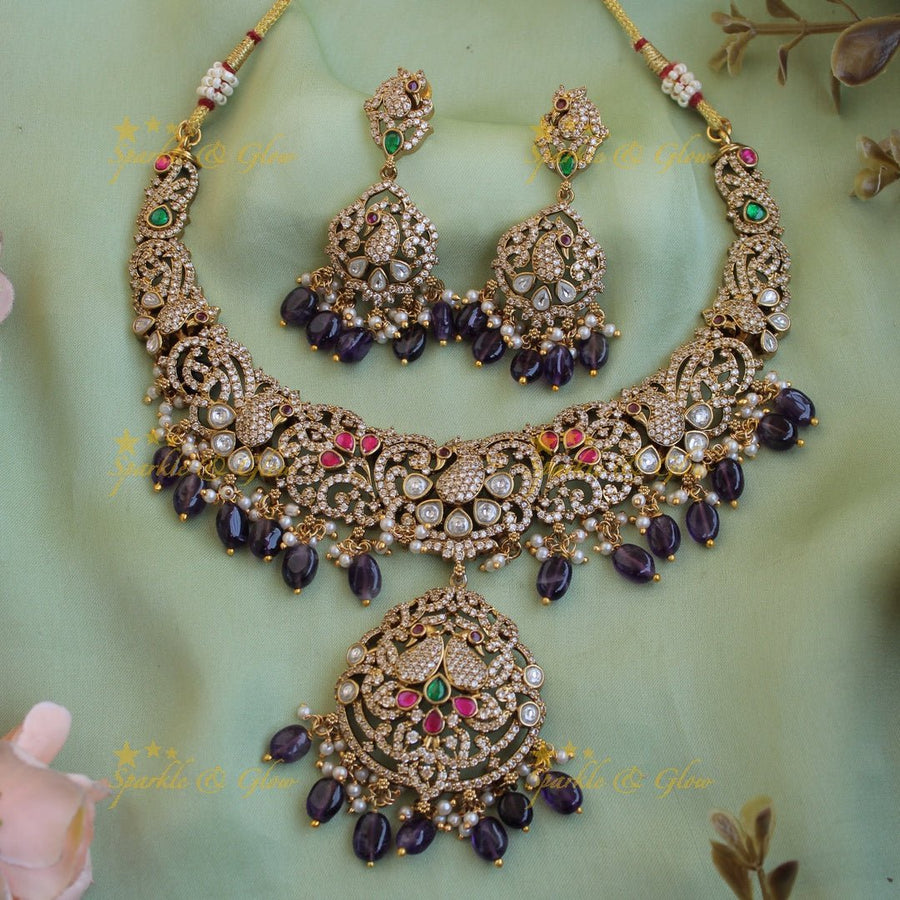 Exclusive Peacock floral design victorian AD short necklace with purple beads - Sparkle and Glow - Back Thread - 