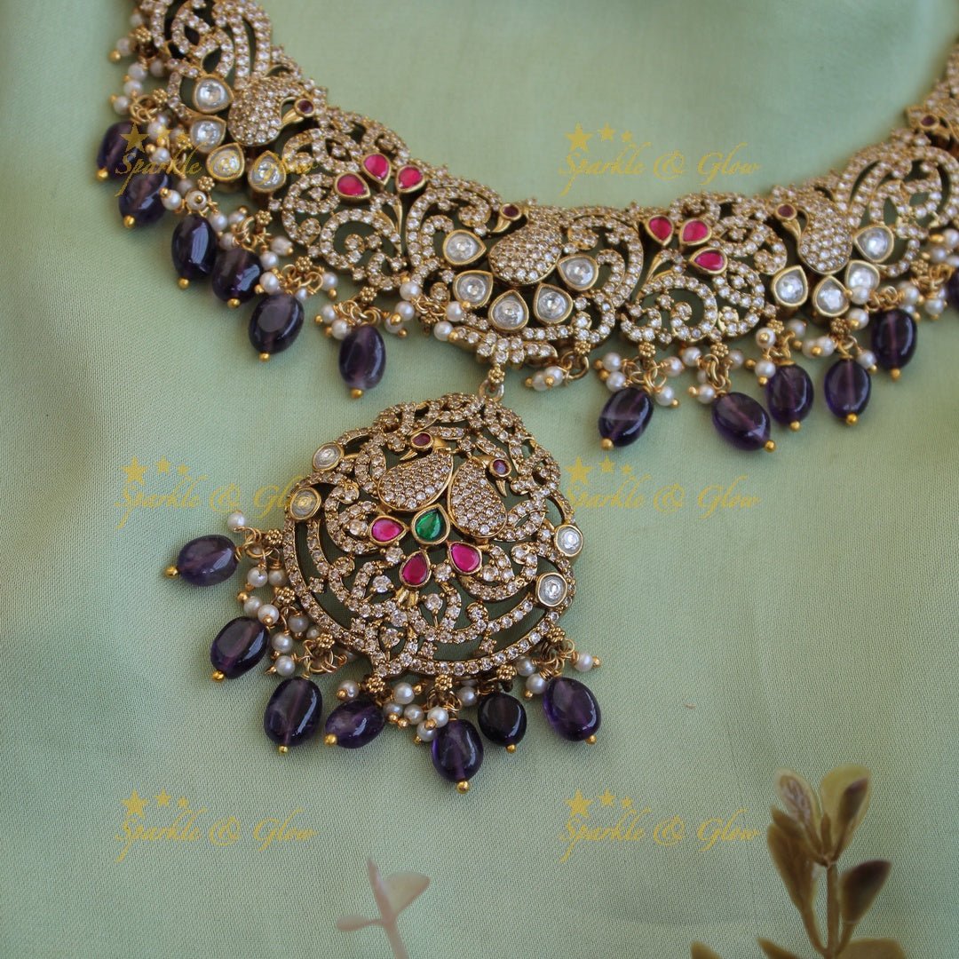 Exclusive Peacock floral design victorian AD short necklace with purple beads - Sparkle and Glow - Back Thread - 