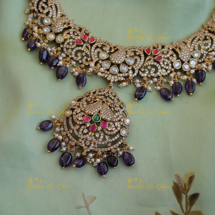 Exclusive Peacock floral design victorian AD short necklace with purple beads - Sparkle and Glow - Back Thread - 
