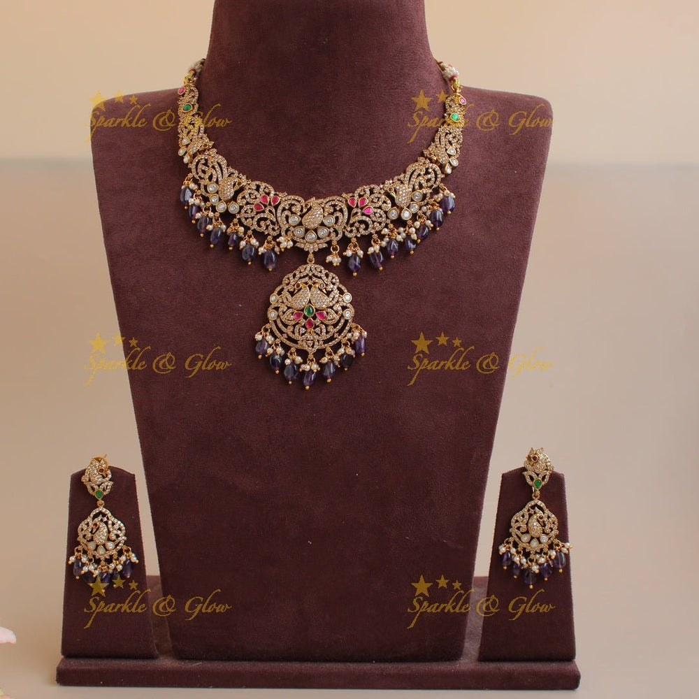 Exclusive Peacock floral design victorian AD short necklace with purple beads - Sparkle and Glow - Back Thread - 
