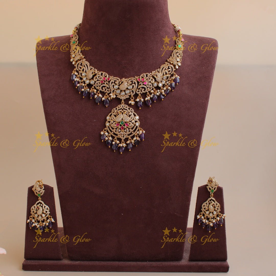 Exclusive Peacock floral design victorian AD short necklace with purple beads - Sparkle and Glow - Back Thread - 
