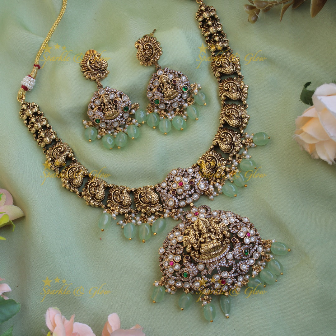 Antique Lakshmi peacock floral design dual tone victorian AD short necklace with purple beads