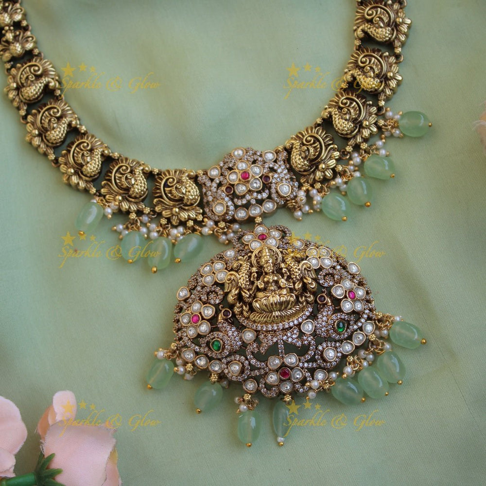 Antique Lakshmi peacock floral design dual tone victorian AD short necklace with mint green beads - Sparkle and Glow - Back Thread - 