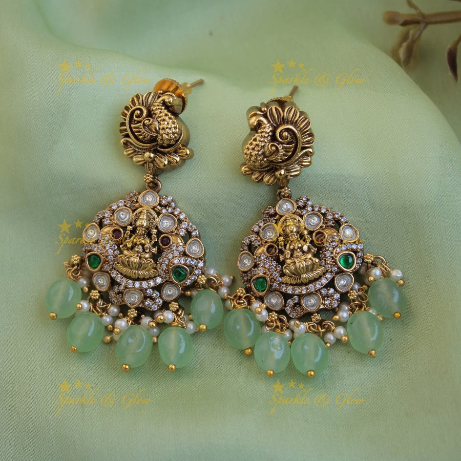 Antique Lakshmi peacock floral design dual tone victorian AD short necklace with mint green beads - Sparkle and Glow - Back Thread - 
