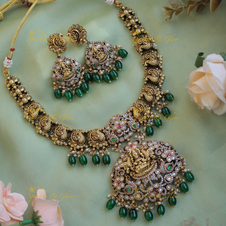 Antique Lakshmi peacock floral design dual tone victorian AD short necklace with green beads