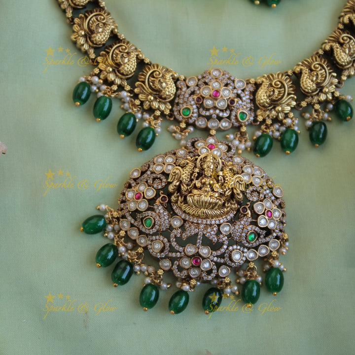Antique Lakshmi peacock floral design dual tone victorian AD short necklace with green beads