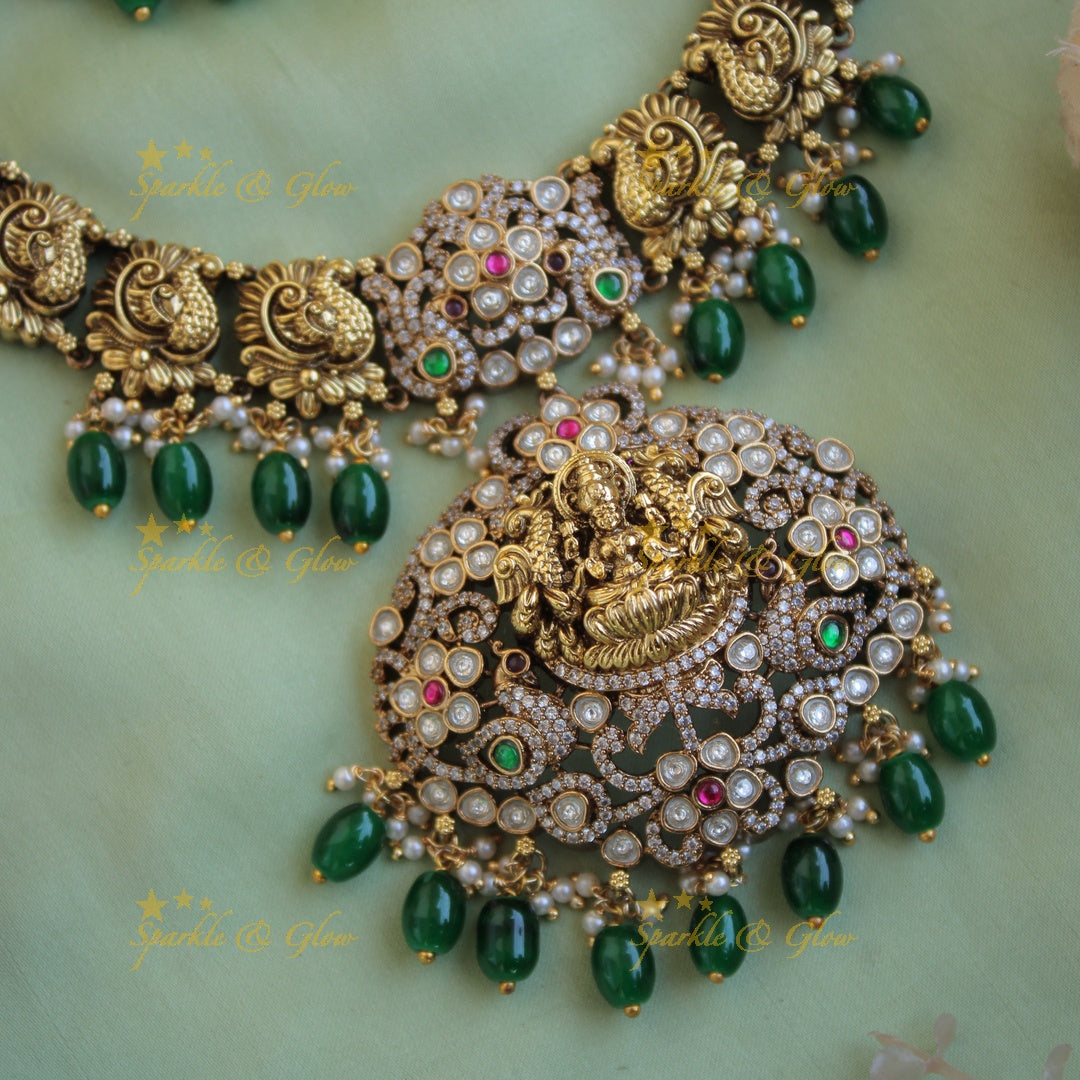 Antique Lakshmi peacock floral design dual tone victorian AD short necklace with green beads