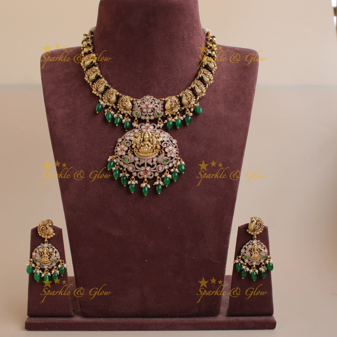 Antique Lakshmi peacock floral design dual tone victorian AD short necklace with green beads