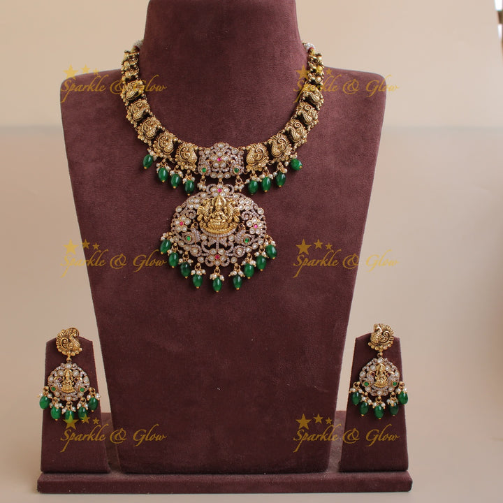 Antique Lakshmi peacock floral design dual tone victorian AD short necklace with green beads