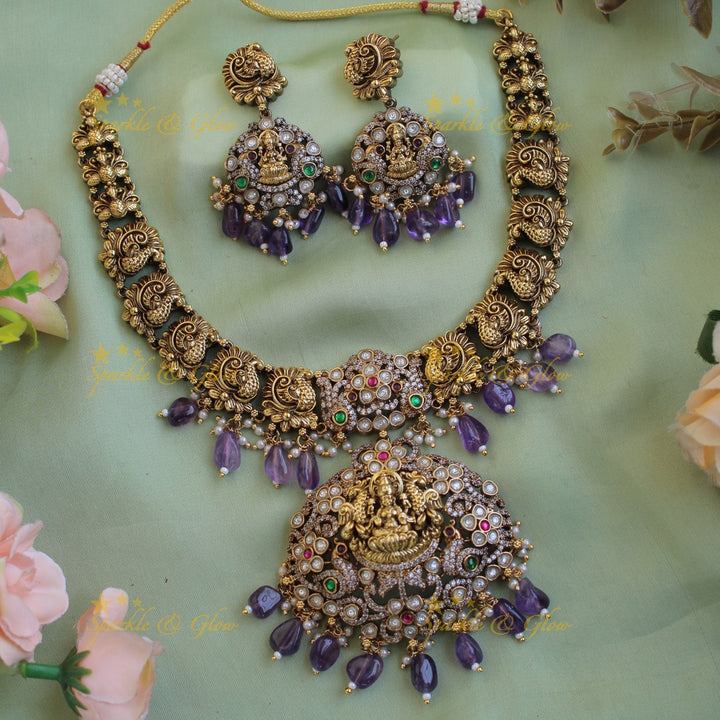Antique Lakshmi peacock floral design dual tone victorian AD short necklace with green beads