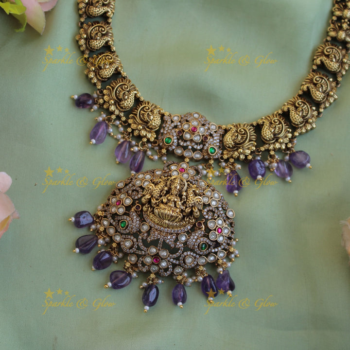 Antique Lakshmi peacock floral design dual tone victorian AD short necklace with purple beads
