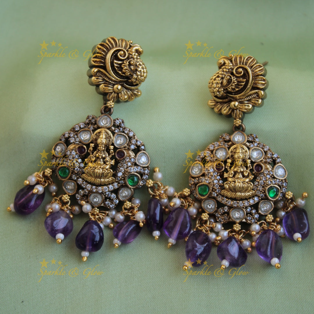 Antique Lakshmi peacock floral design dual tone victorian AD short necklace with purple beads
