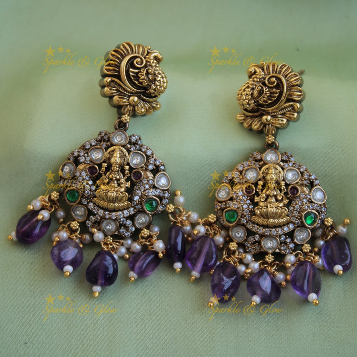Antique Lakshmi peacock floral design dual tone victorian AD short necklace with purple beads