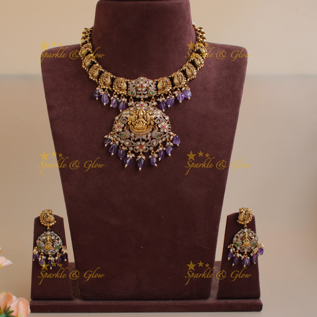 Antique Lakshmi peacock floral design dual tone victorian AD short necklace with purple beads