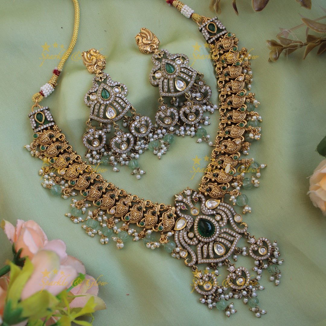 Stunning Peacock carved dual tone victorian AD short necklace with pearls and mint green beads - Sparkle and Glow - Red - Back Thread