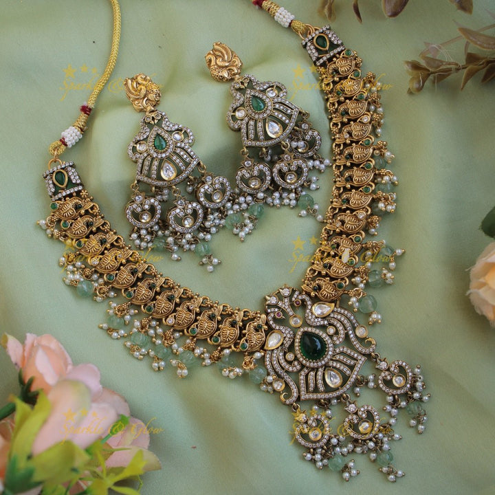Stunning Peacock carved dual tone victorian AD short necklace with pearls and mint green beads - Sparkle and Glow - Red - Back Thread