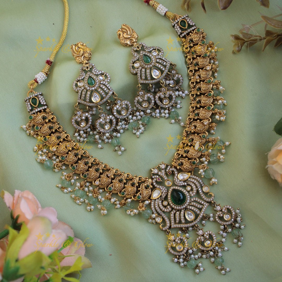 Stunning Peacock carved dual tone victorian AD short necklace with pearls and mint green beads - Sparkle and Glow - Red - Back Thread