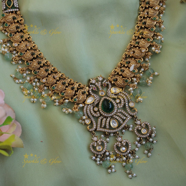 Stunning Peacock carved dual tone victorian AD short necklace with pearls and mint green beads - Sparkle and Glow - Green - Back Thread