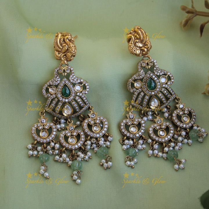 Stunning Peacock carved dual tone victorian AD short necklace with pearls and mint green beads - Sparkle and Glow - Green - Back Thread
