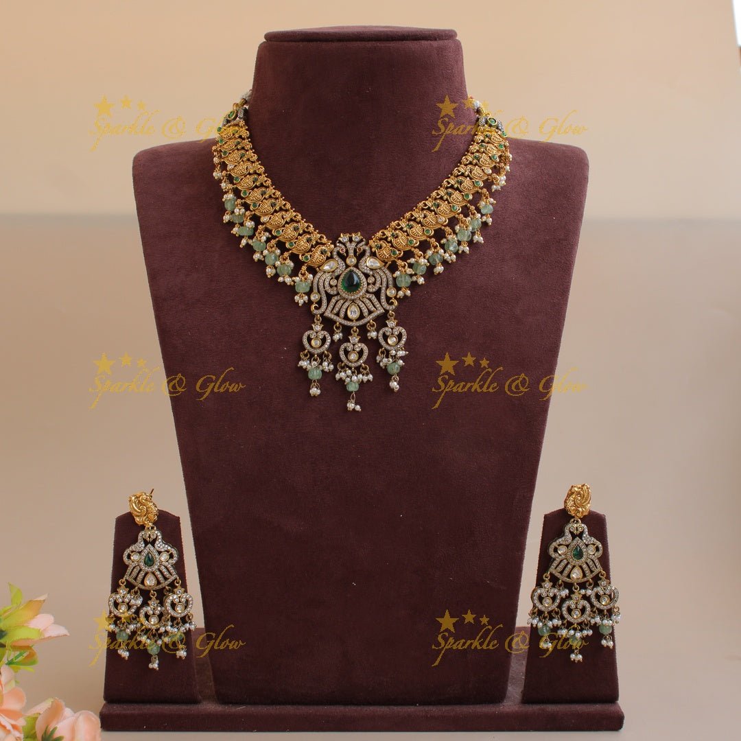 Stunning Peacock carved dual tone victorian AD short necklace with pearls and mint green beads - Sparkle and Glow - Green - Back Thread