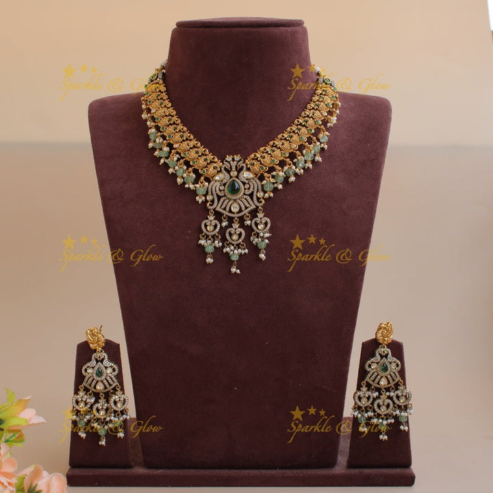 Stunning Peacock carved dual tone victorian AD short necklace with pearls and mint green beads - Sparkle and Glow - Green - Back Thread