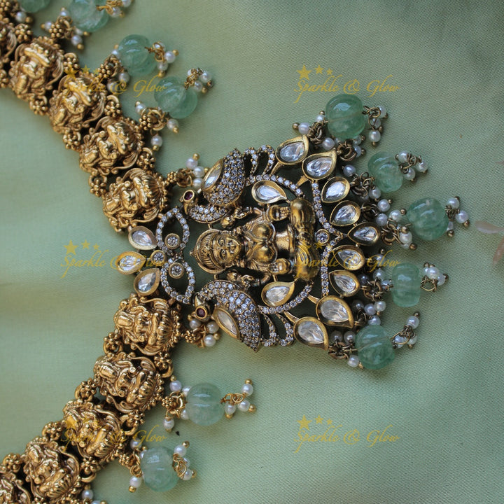 Stunning Lakshmi Peacock design dual tone victorian AD short necklace with mint green beads