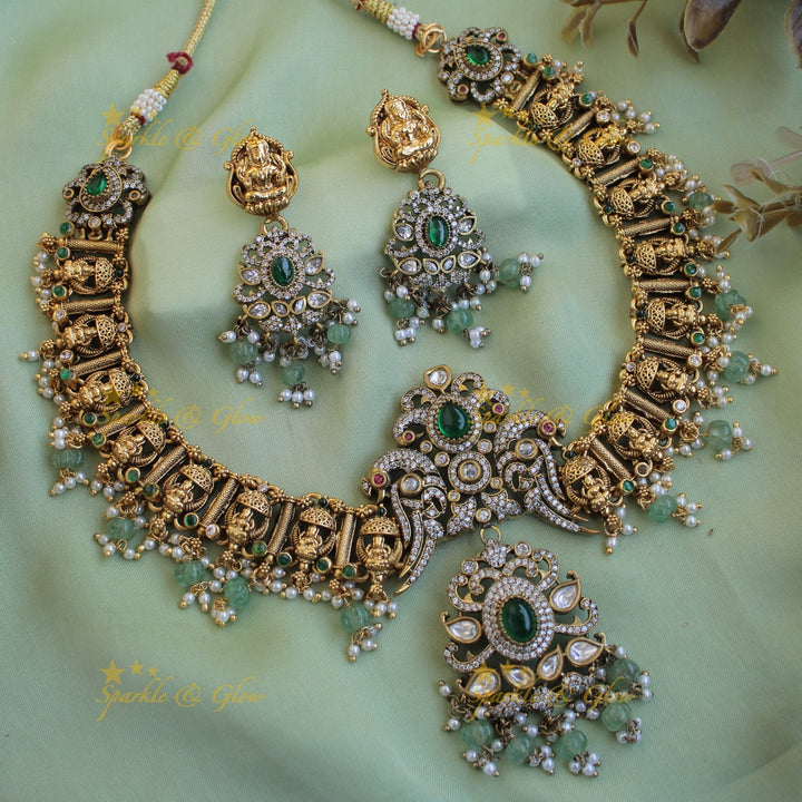 Gorgeous Lakshmi peacock half moon design dual tone victorian AD short necklace with ruby and mint green beads