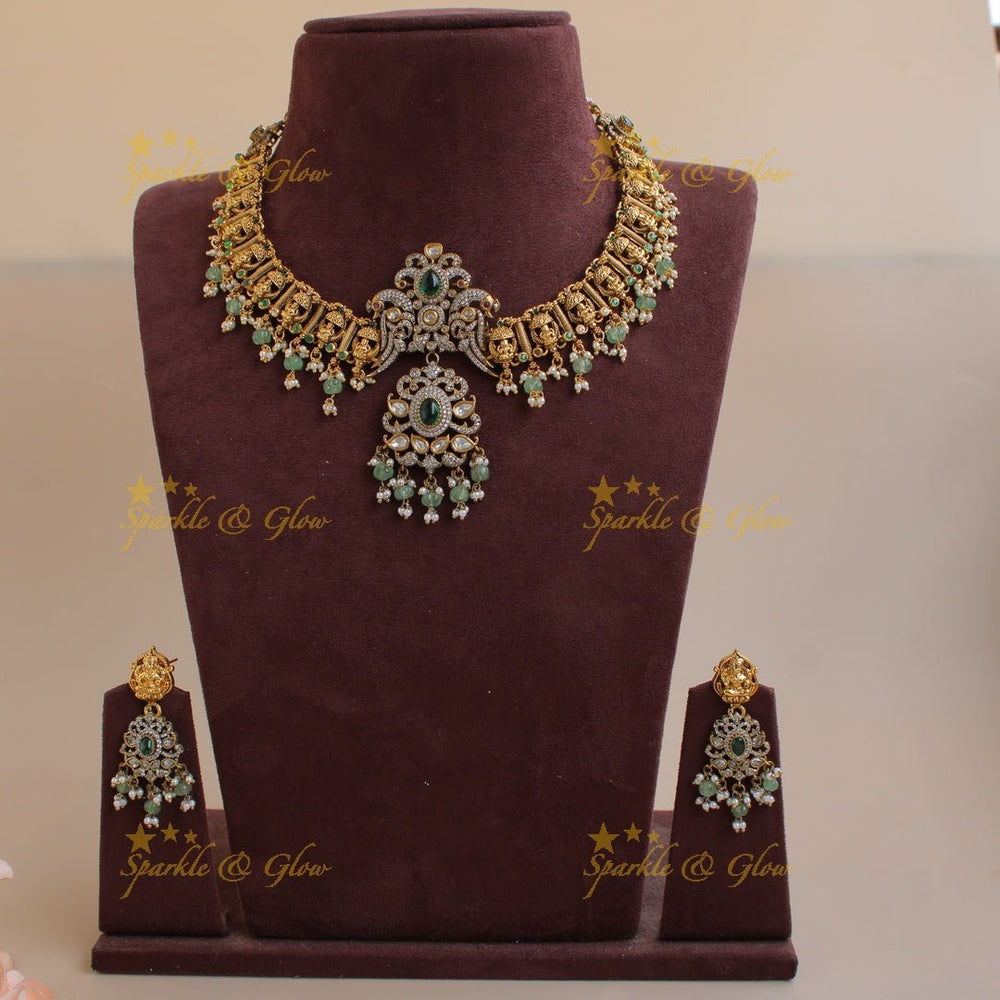 Gorgeous Lakshmi peacock half moon design dual tone victorian AD short necklace with emerald and mint green beads - Sparkle and Glow - Back Thread - 