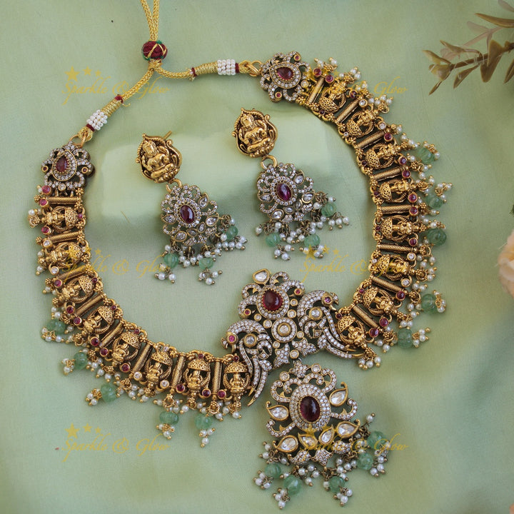 Gorgeous Lakshmi peacock half moon design dual tone victorian AD short necklace with ruby and mint green beads