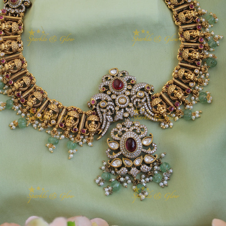 Gorgeous Lakshmi peacock half moon design dual tone victorian AD short necklace with ruby and mint green beads